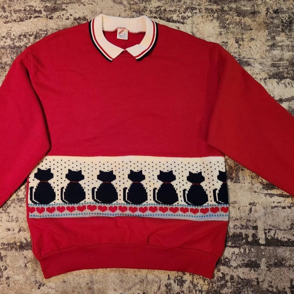 Adorable Vintage Grandmacore Jerzees crewneck cat knit heart Preppy collared